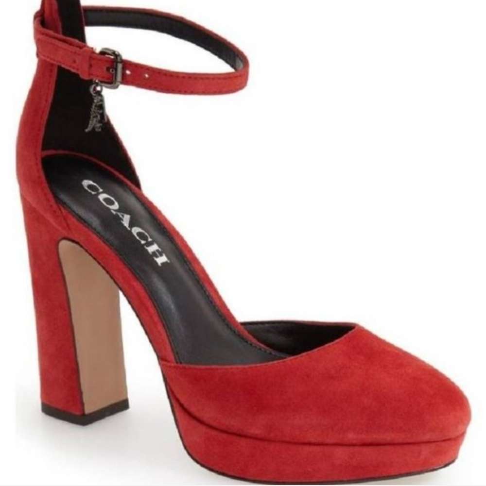 Coach Chrystie Red Suede Ankle Strap Platform Block Heels Dinosaur Charm Sz9